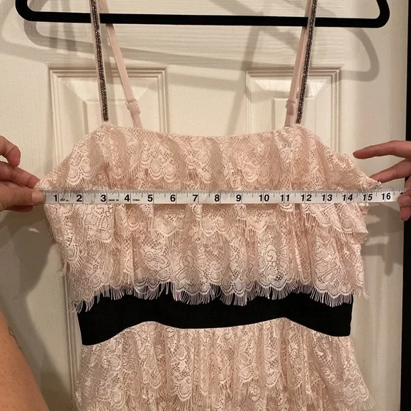 Beautiful Pink Layered Lace Mini DressBlack. Adjustable straps w/Beading detail - Picture 12 of 13